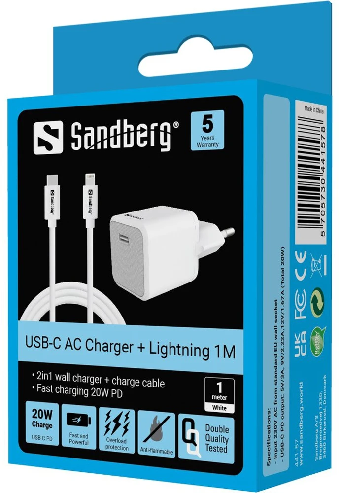 Sandberg USB-C AC 20W įkroviklis EU + Lightning 1M