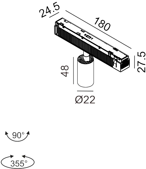 2.1W LED šviestuvas TUB XS A 48 į magnetinę sistemą IN_LINE, juodas, 3000K, 48V, 10°