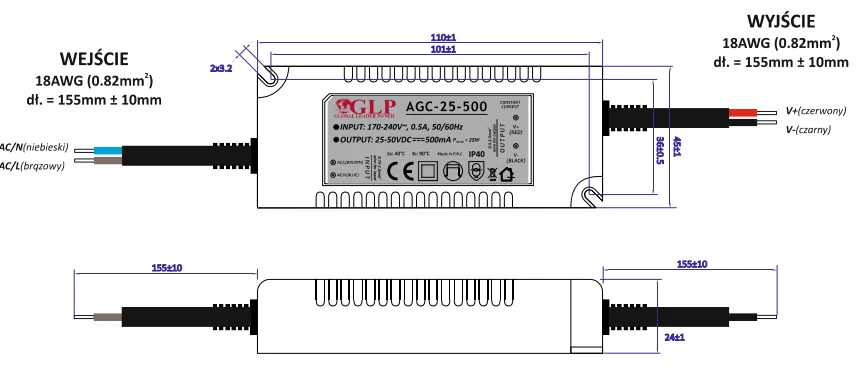25W 500mA nuolatinės srovės maitinimo šaltinis, IP20