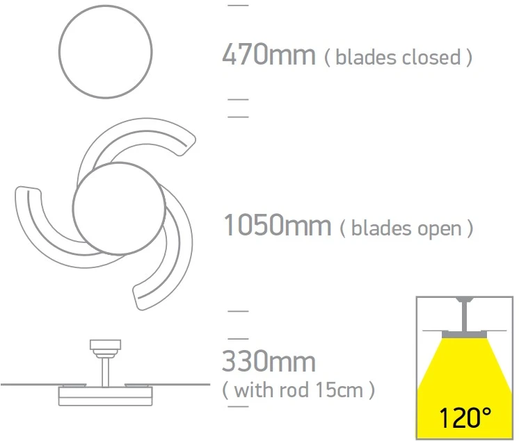 Lubinis šviestuvas 25W ventiliatorius su dimeriuojamu 32W LED šviestuvu, juodas, 3000/4000/5500K, 6300/B/V