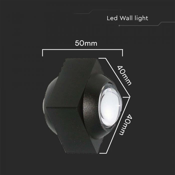 V-tac 2W LED sieninis šviestuvas, juodas, 3000K, IP54