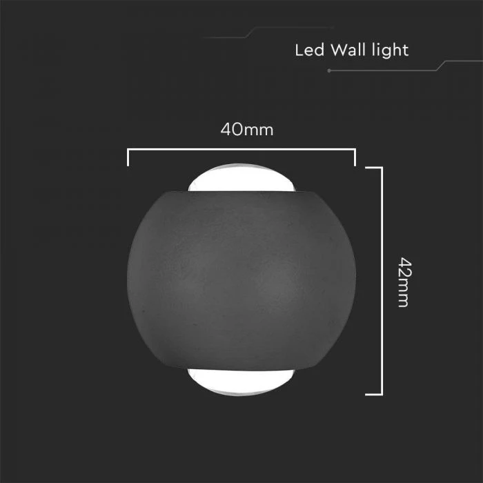 V-tac 2W LED sieninis šviestuvas, juodas, 3000K, IP54