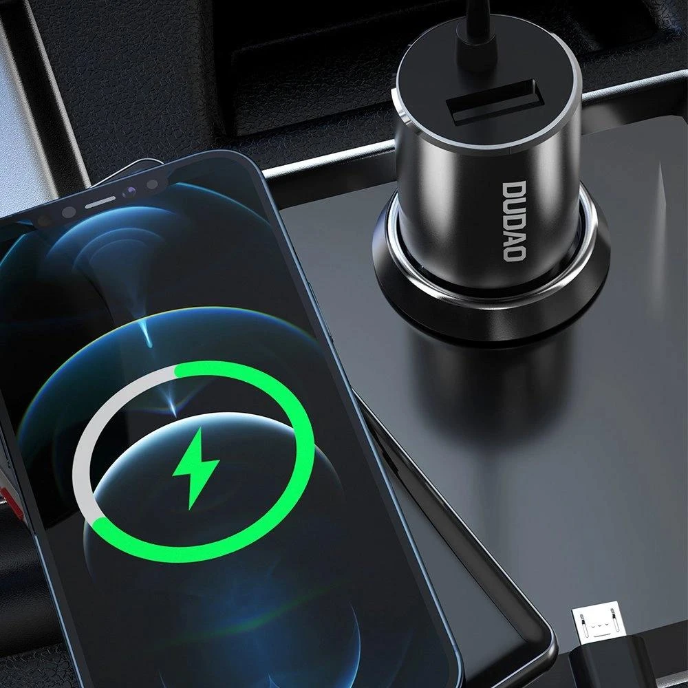 Dudao R5Pro 1x USB, 3.4A automobilinis įkroviklis + 3in1 USB-C / Micro USB / Lightning kabelis (pilkas)