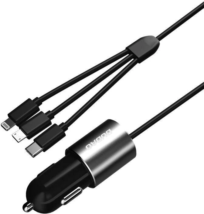 Dudao R5Pro 1x USB, 3.4A automobilinis įkroviklis + 3in1 USB-C / Micro USB / Lightning kabelis (pilkas)