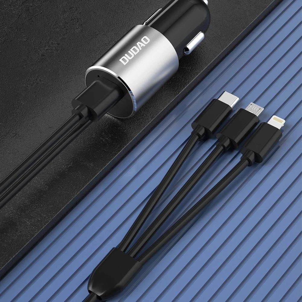 Dudao R5Pro 1x USB, 3.4A automobilinis įkroviklis + 3in1 USB-C / Micro USB / Lightning kabelis (pilkas)