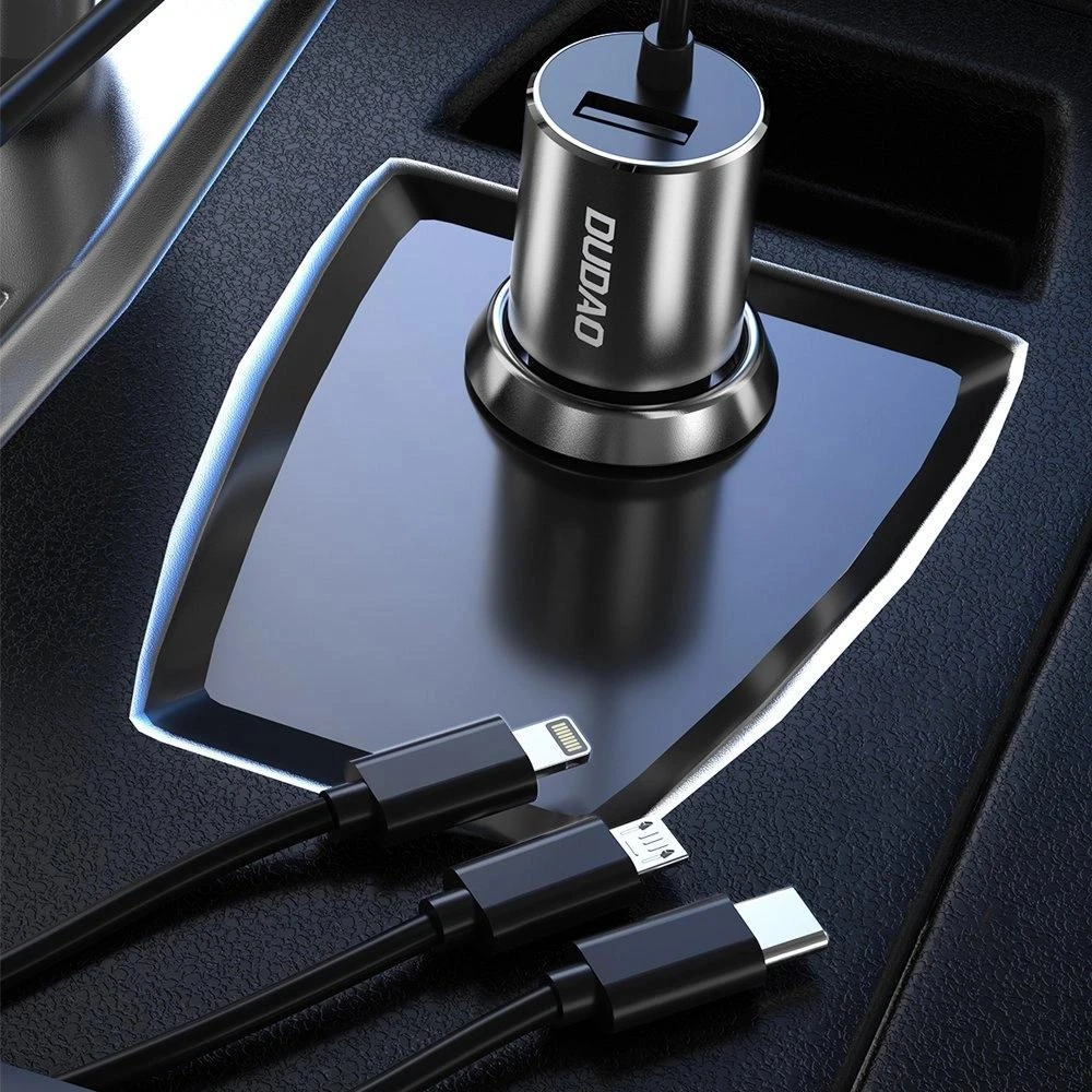 Dudao R5Pro 1x USB, 3.4A automobilinis įkroviklis + 3in1 USB-C / Micro USB / Lightning kabelis (pilkas)