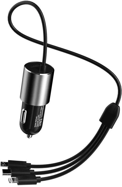 Dudao R5Pro 1x USB, 3.4A automobilinis įkroviklis + 3in1 USB-C / Micro USB / Lightning kabelis (pilkas)