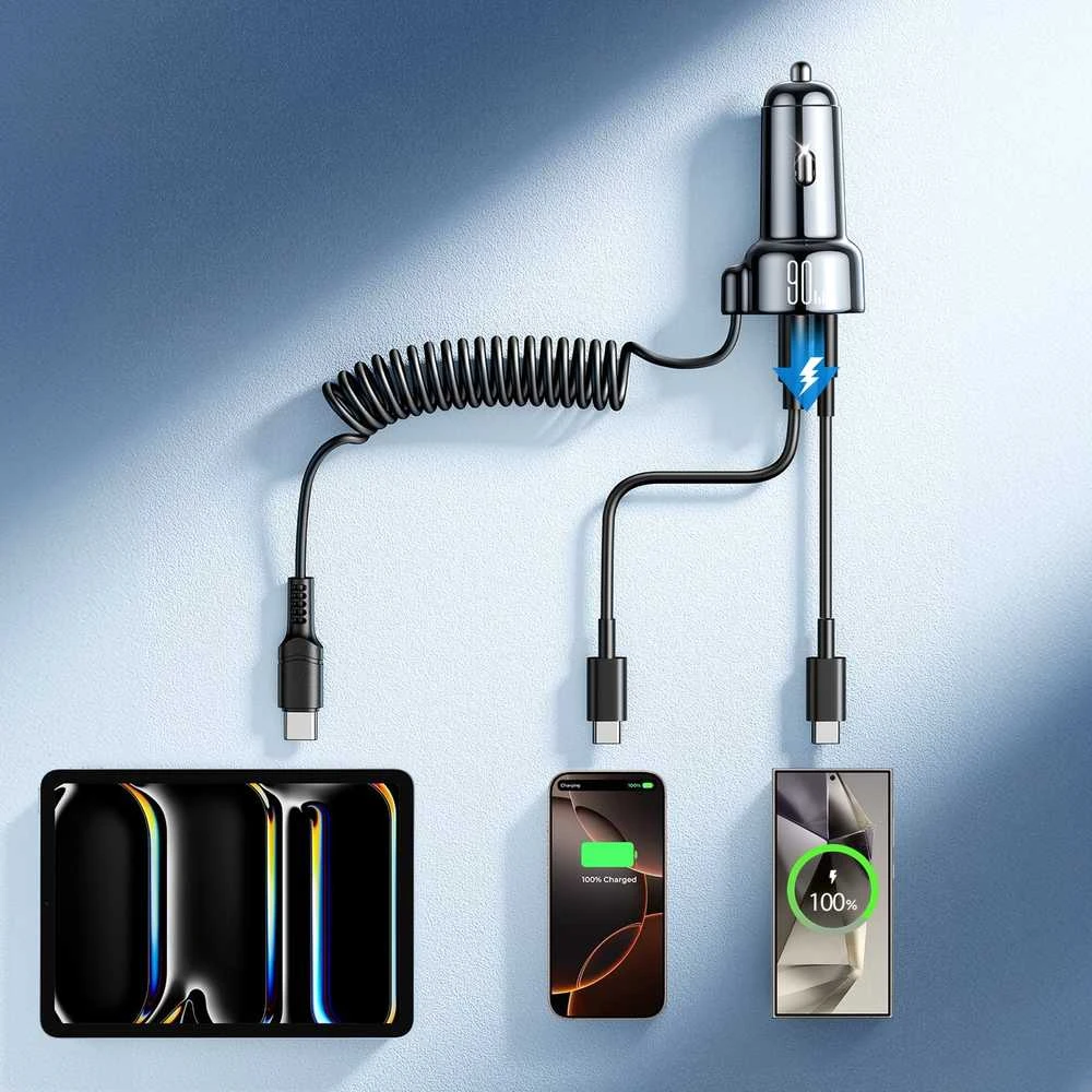 Įkroviklis automobilinis Joyroom (JR-CL07) 3IN1 (1xUSB, 1xUSB-C 1.6M 72W) su Type-C laidu juodas