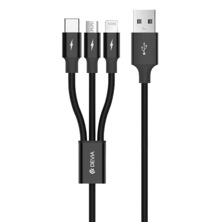 Devia 3-in-1 įkrovimo laidas USB į Lightning, MicroUSB ir Type-C, 1,2 m, juodas