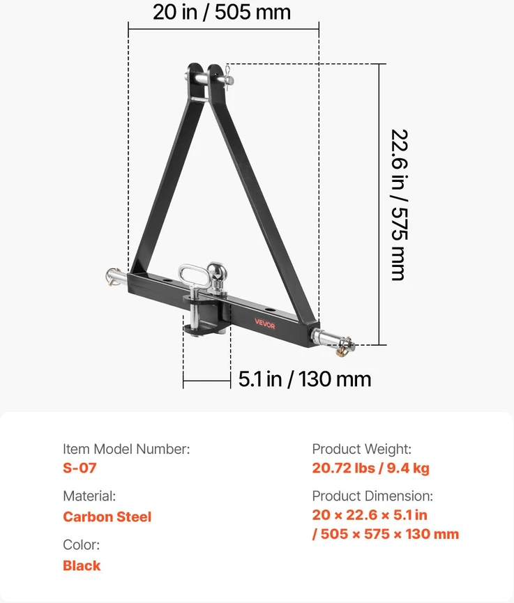 VEVOR Trijų taškų 5 cm prikabinimo adapteris 2721 kg talpos