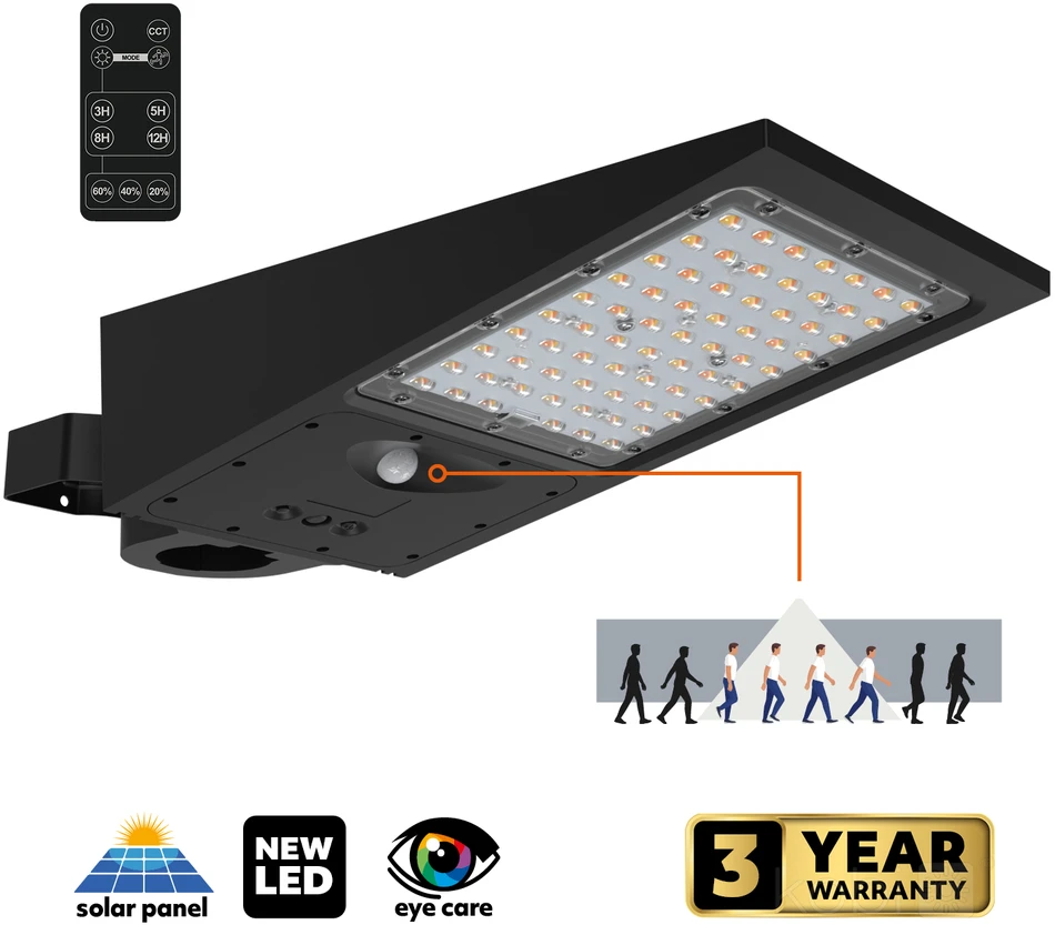 30W LED gatvės šviestuvas su saulės baterija STREET, juodas, 3000/4000K, su judesio davikliu, IP65, 140x70°