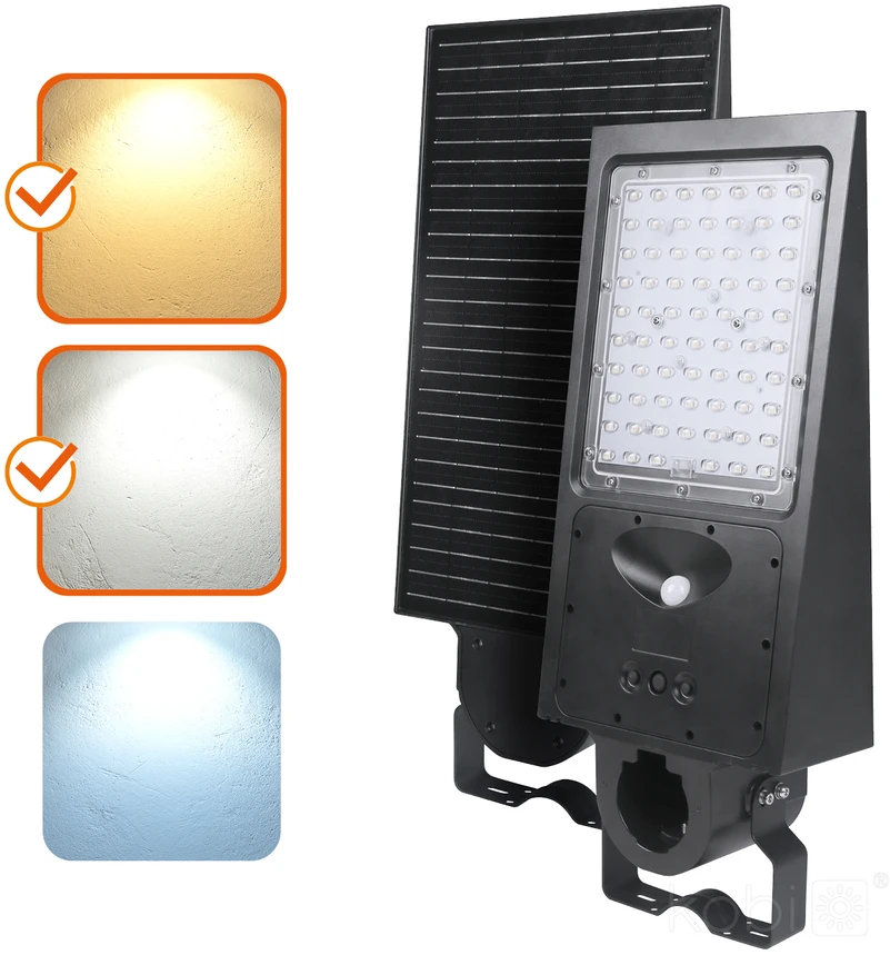 30W LED gatvės šviestuvas su saulės baterija STREET, juodas, 3000/4000K, su judesio davikliu, IP65, 140x70°