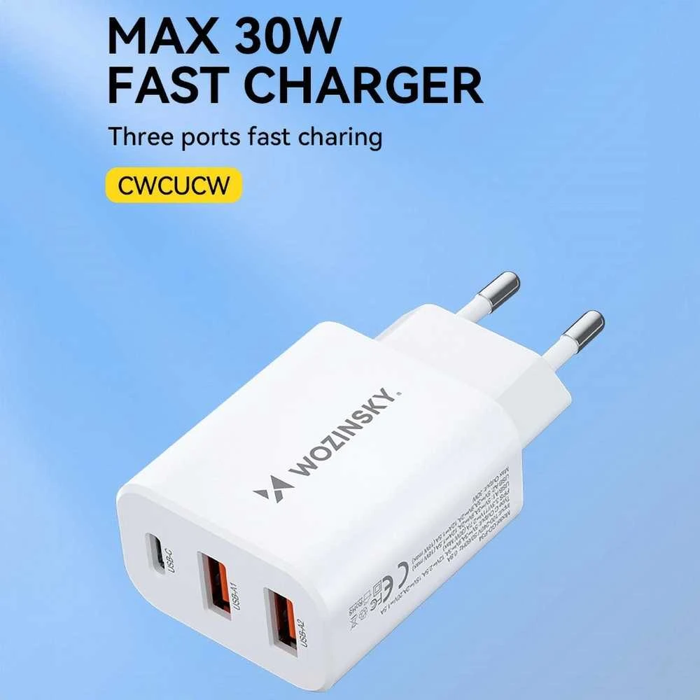 Wozinsky CWCUCW 30W USB-C / 2 x USB-A laidinis įkroviklis – baltos spalvos