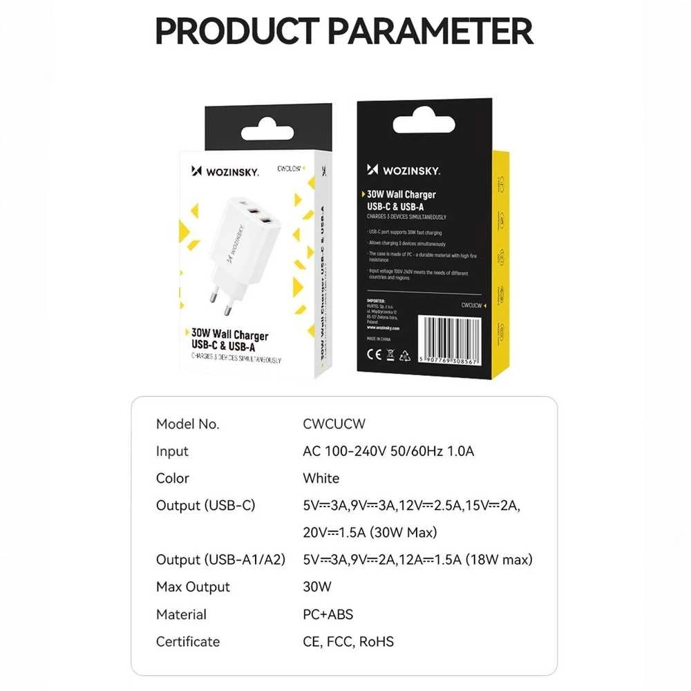 Wozinsky CWCUCW 30W USB-C / 2 x USB-A laidinis įkroviklis – baltos spalvos