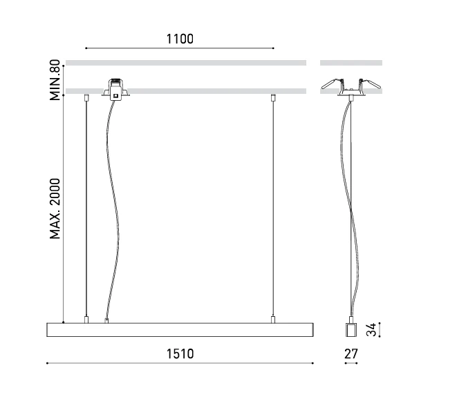 Pakabinamas šviestuvas 31,5W LED pakabinamas linijinis šviestuvas LINE SUSP, juodas, 3000K, DALI