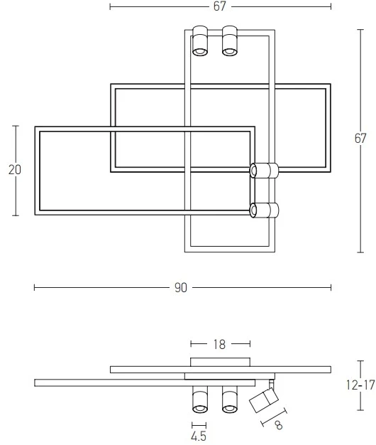 Lubinis šviestuvas 32W + 4x5W LED paviršinis lubų šviestuvas, juodas, 3000K, dimeriuojamas, 22020
