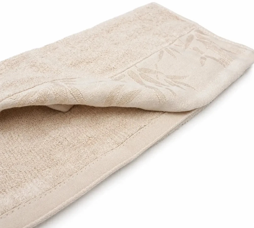 34 × 74 cm smėlio spalvos bambuko pluošto ir medvilnės rankšluostis su dekoratyviniu bambukų raštu