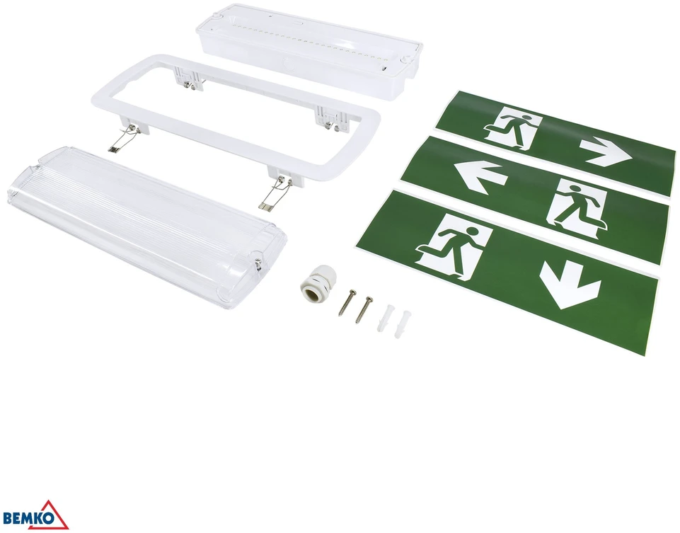 3,5W LED paviršinis evakuacinis šviestuvas GALER, baltas, 6500K, IP65, 3h veikimas autonominiu režimu, su piktogramų rinkiniu
