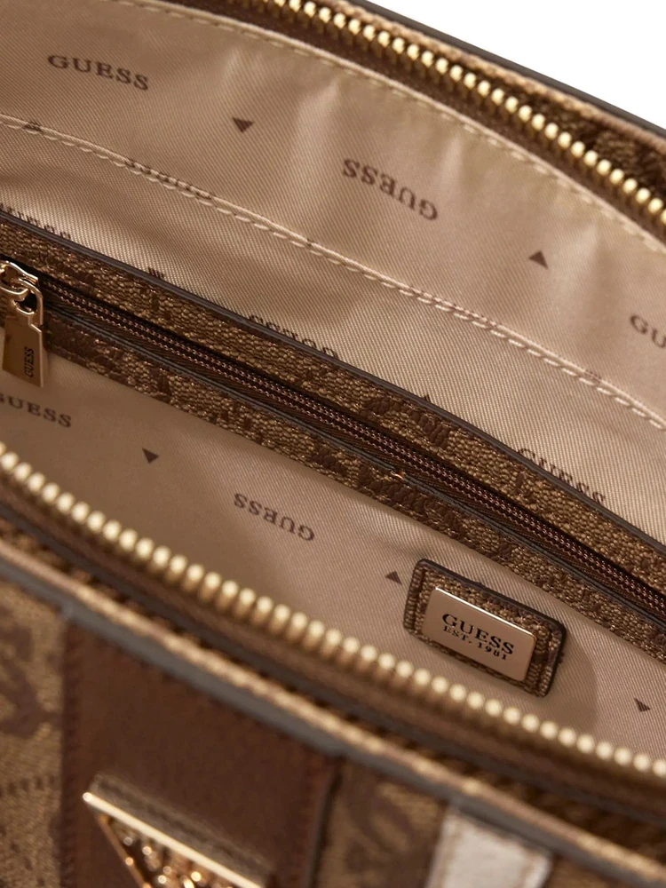 Moteriška Guess HWSS96 72250 latte spalvos rankinė su logotipu ir ruda.