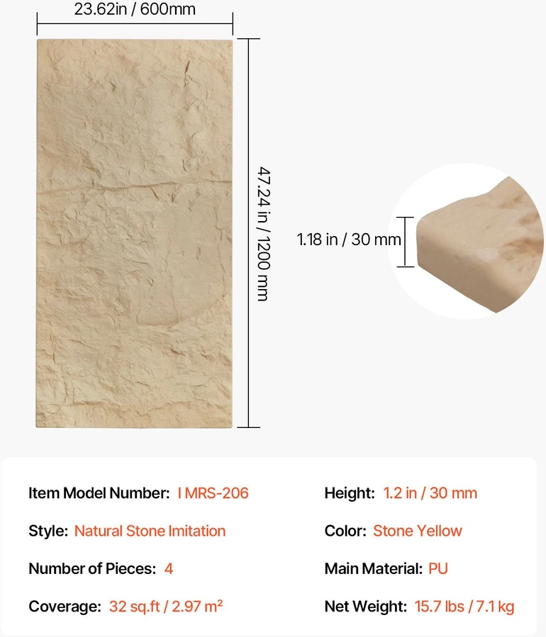 VEVOR 3D sienų plokštės 4 vnt 120x60 cm akmens imitacijos geltonos