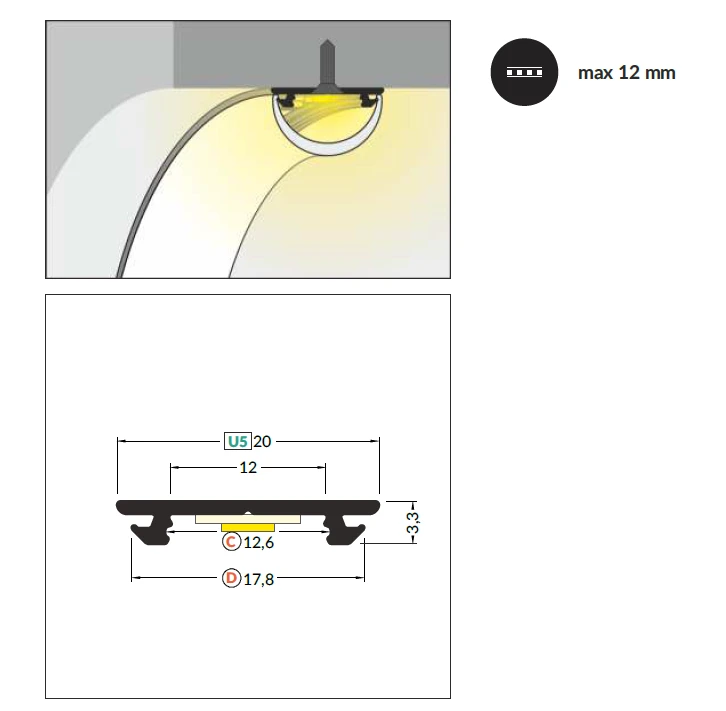 3m LED juostos profilis ARC12 CD/U5, lankstus, neanoduotas aliuminis