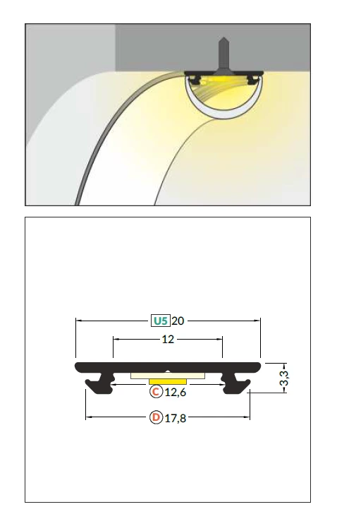 3m LED juostos profilis ARC12 CD/U5, lankstus, juodai dažytas