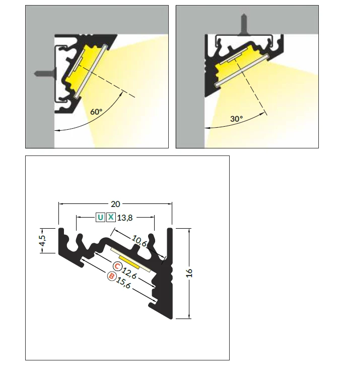 3m LED juostos profilis CORNER10 BC/UX, neanoduotas aliuminis