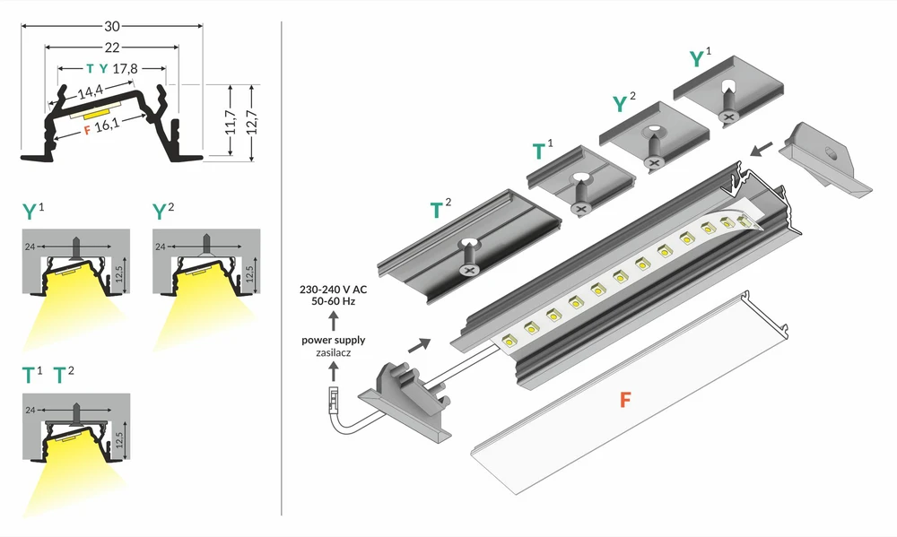3m LED juostos profilis DIAGONAL14 F/TY, juodai anoduotas
