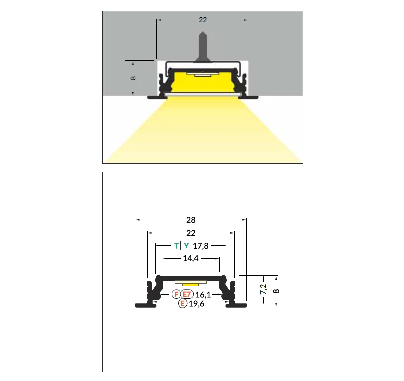 3m LED juostos profilis GROOVE14 EF/TY, neanoduotas aliuminis