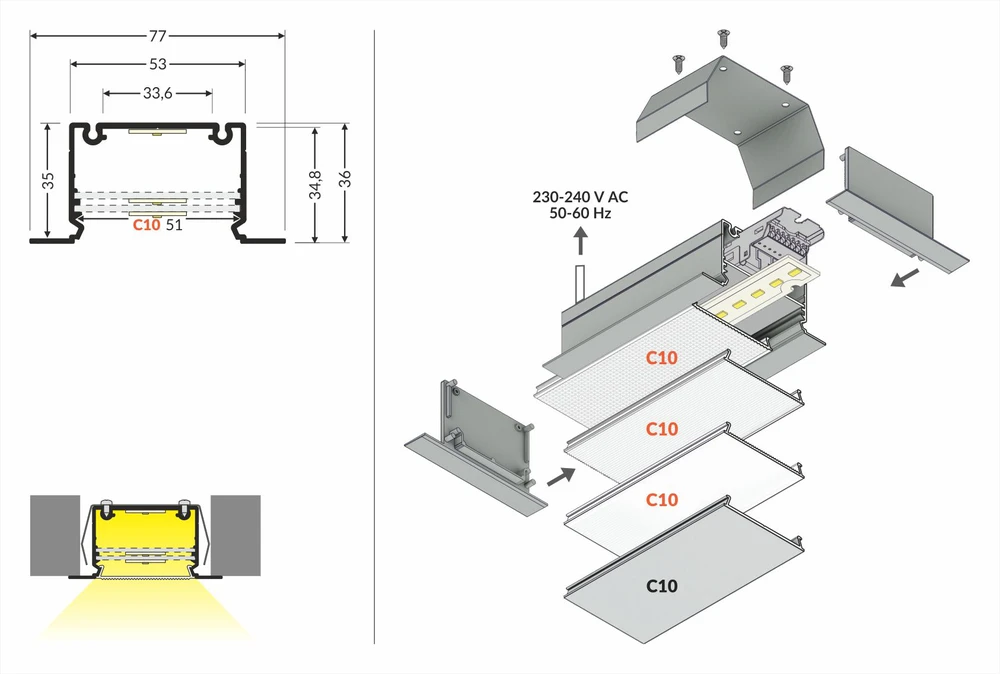 3m LED juostos profilis PHIL, įleidžiamas, anoduotas
