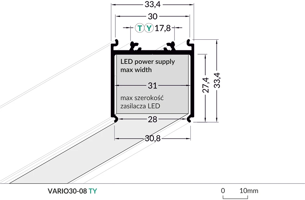 3m LED juostos profilis skirtas maitinimo šaltiniui uždengti VARIO30-08, baltas