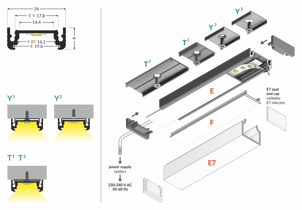 3m LED juostos profilis SURFACE14 EF/TY, neanoduotas aliuminis