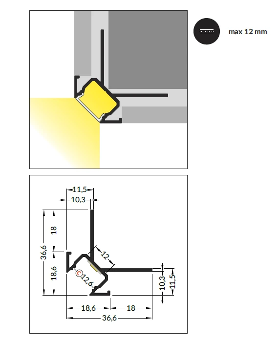 3m LED juostos profilis UNI-TILE12 C PLUS, 270 laipsnių, anoduotas aliuminis