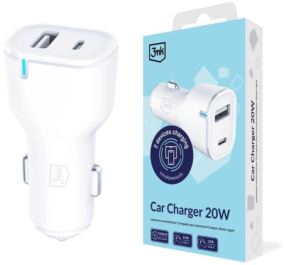 3Mk apsaugos priedai - 3mk automobilinis įkroviklis 20W PD3.0 QC 3.0 USB 1A1C Baltas MM