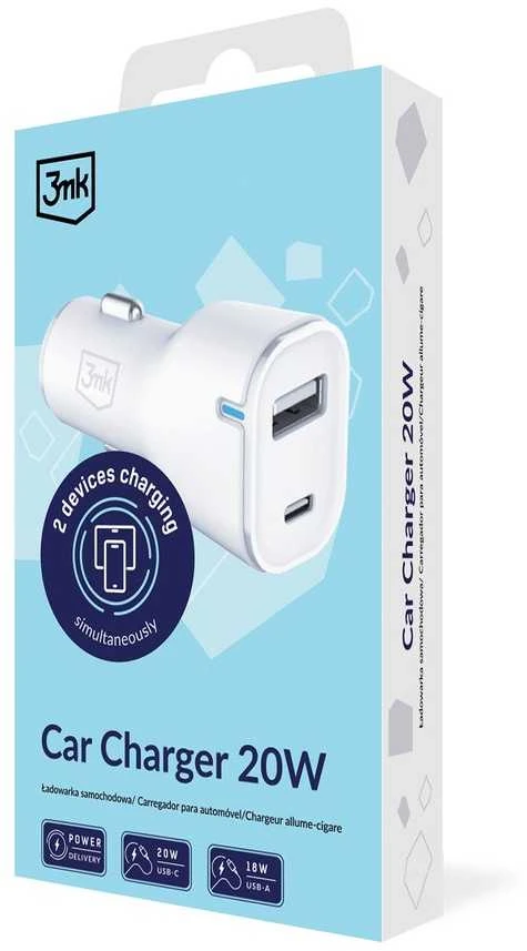 3Mk apsaugos priedai - 3mk automobilinis įkroviklis 20W PD3.0 QC 3.0 USB 1A1C Baltas MM