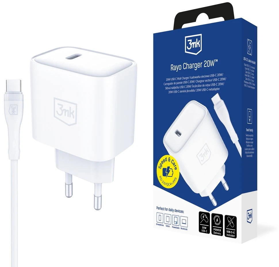 3Mk apsaugos priedai - 3mk Rayo įkroviklis 20W PD3.0 PPS USB 1C + laidas C-C 3A 60W Baltas