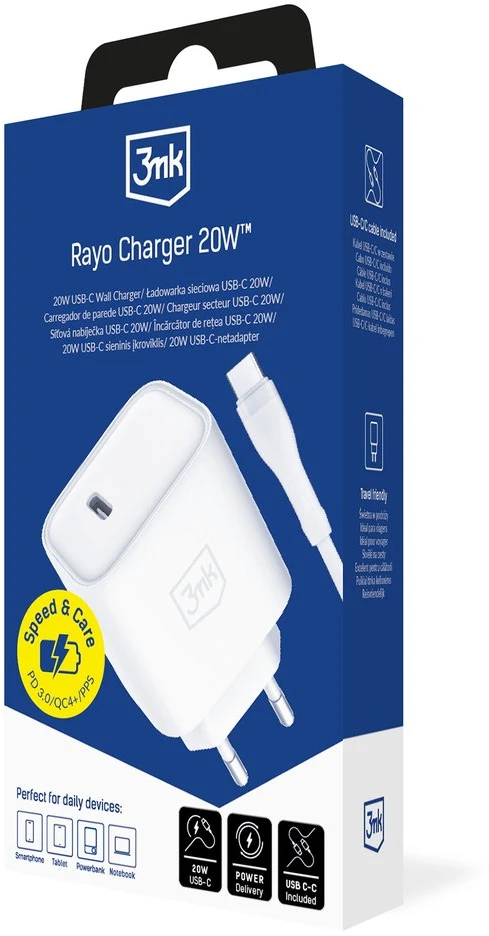 3Mk apsaugos priedai - 3mk Rayo įkroviklis 20W PD3.0 PPS USB 1C + laidas C-C 3A 60W Baltas