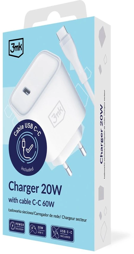 3Mk apsaugos priedai - 3mk Rayo įkroviklis 20W PD3.0 PPS USB 1C + laidas C-C 3A 60W Baltas