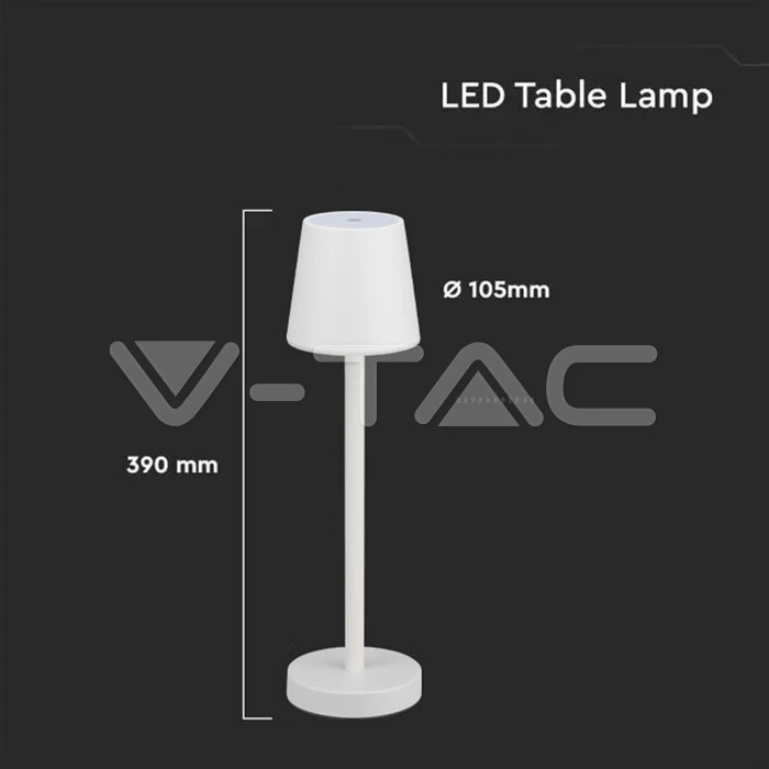 V-tac 3W LED įkraunamas stalo šviestuvas, baltas, 4000K, dimeriuojamas