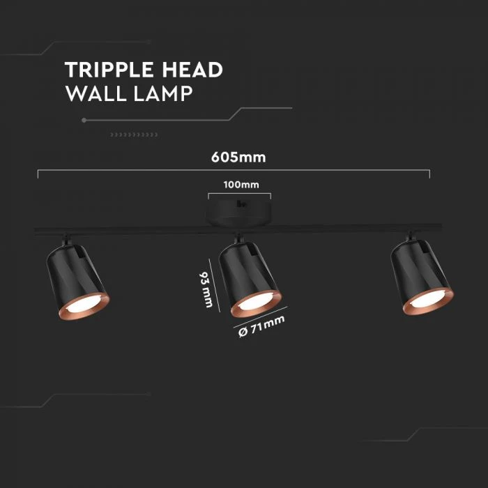 Lubinis šviestuvas V-tac 3x5W LED paviršinis šviestuvas, juodas, 3000K
