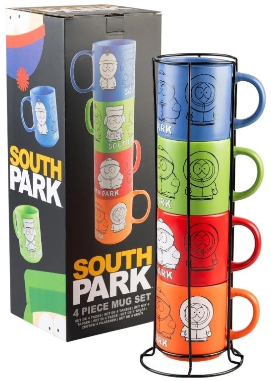 Other Brand Kitas prekės ženklas „South Park“ – 4 keraminių puodelių su stovu rinkinys, 300 ml
