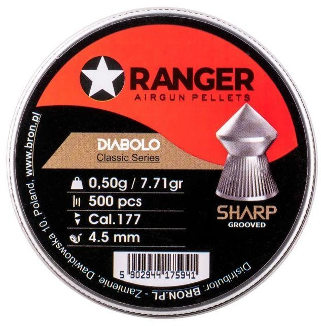 4,5 mm RANGER Diabolo Klasikiniai granulės su grioveliais, raižytas galiukas, 500 vnt. 0,50 g