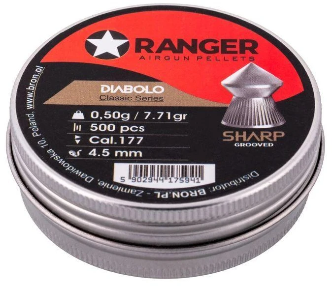 4,5 mm RANGER Diabolo Klasikiniai granulės su grioveliais, raižytas galiukas, 500 vnt. 0,50 g