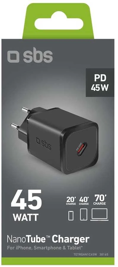 SBS TETRGAN1C45W 45W GaN USB-C laidinis įkroviklis su Power Delivery – juodos spalvos