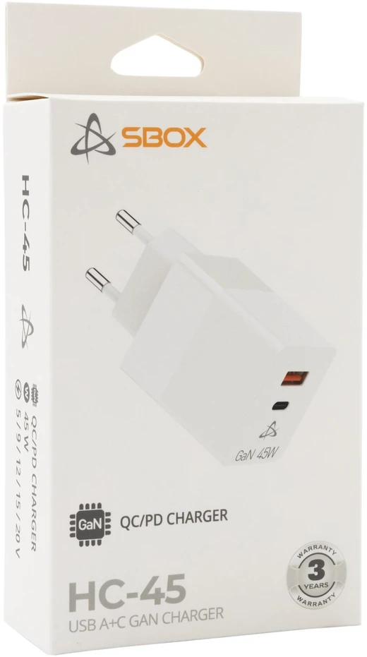 Sbox 45 W GaN namų įkroviklis su USB-C ir USB-A