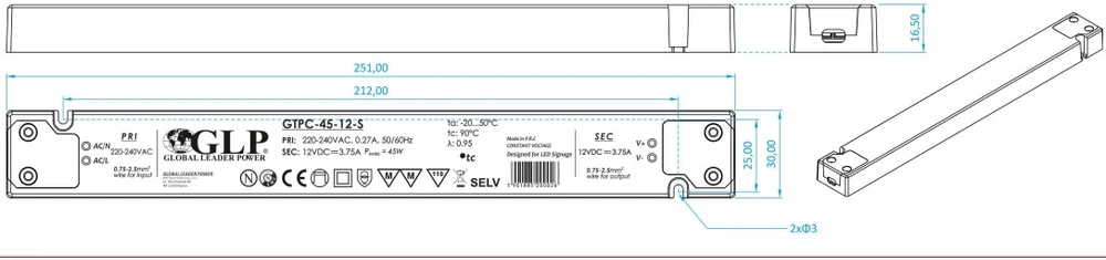45W LED maitinimo šaltinis GTPC SLIM, 24V, IP20