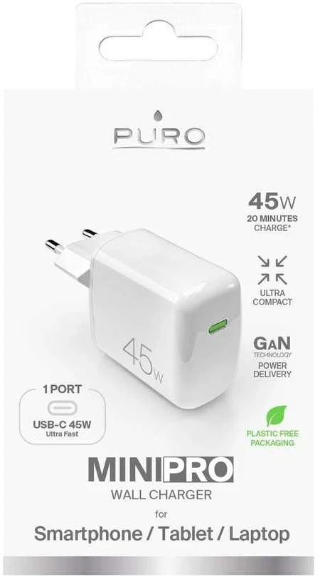 Nezatříděno Puro Elektrik Puro Super Mini 45W PD GaN USB-C laidinis įkroviklis – baltos spalvos