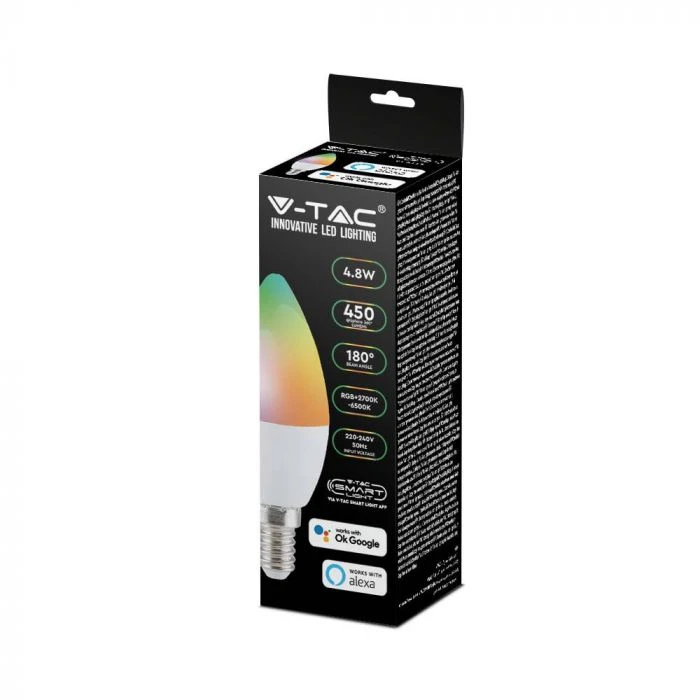 V-tac 4,8W LED lemputė, E14, suderinama su AMAZON ALEXA ir GOOGLE HOME, 2700-6500K/RGB
