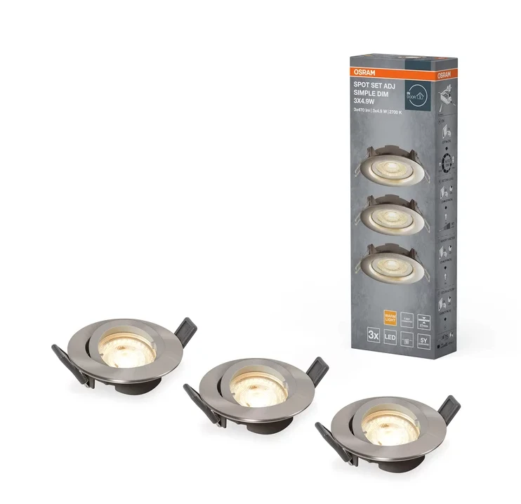 4,9W LED įleidžiamas šviestuvas SPOT, nikelio sp., 2700K, dimeriuojamas, 3vnt. komplekte