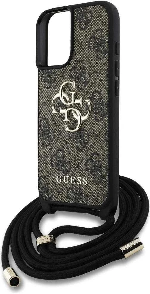 Dėklas Guess 4G Big Logo Cord Stap Crossbody Apple iPhone 16 Plus rudos spalvos